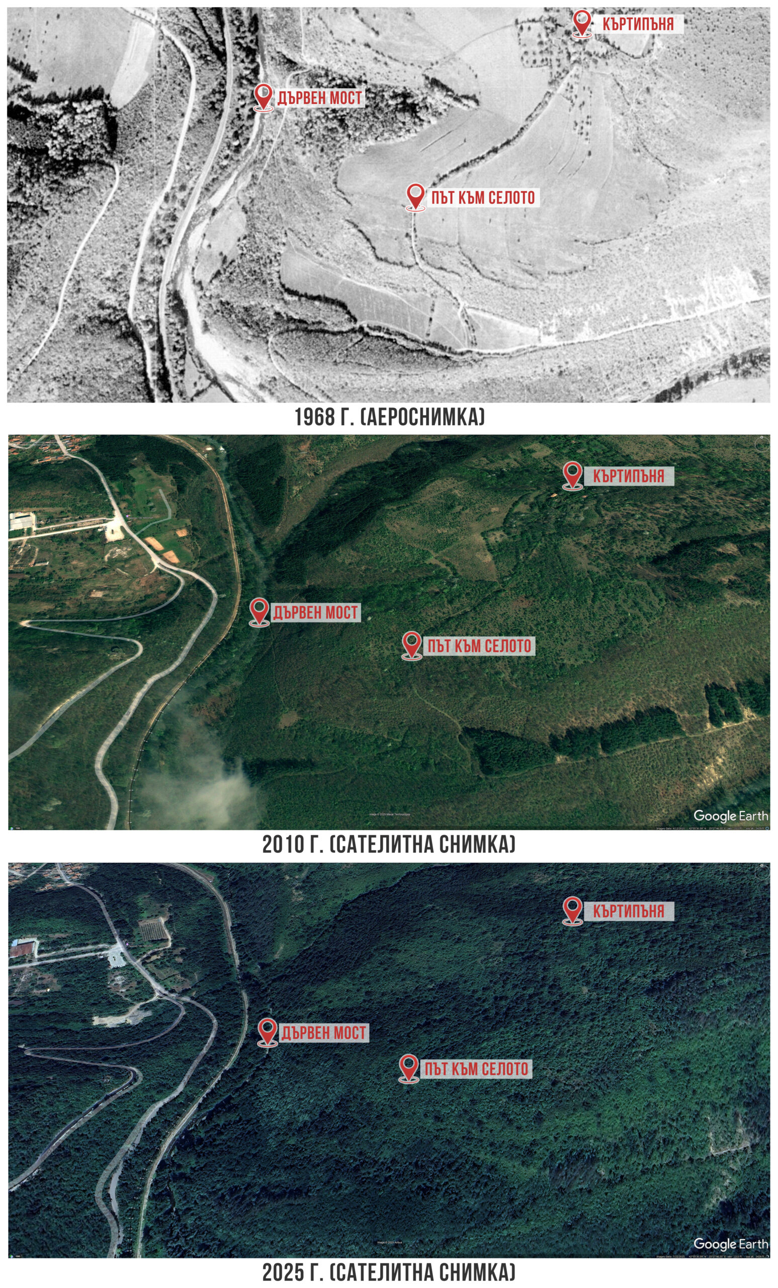 Района на Къртипъня от 1968, 2010 и 2025 г.